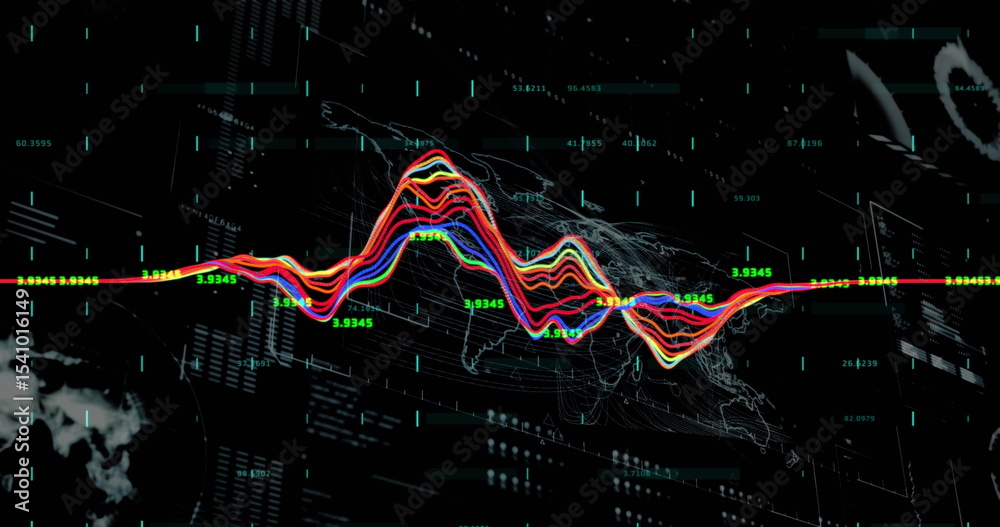 Poster generating waveform with numeric labels over world map in dashboard with glitch grid panels