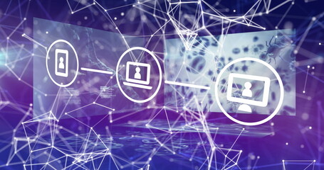 Displaying linked phone laptop desktop icons with silhouettes and code in purple-blue network mesh