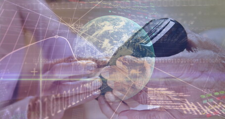 Processing sleeved hands tapping payment card on reader in display with globe and binary code