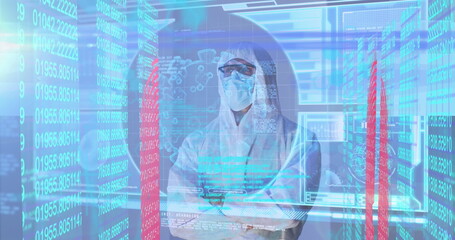 Analyzing scientist wearing coverall mask goggles monitoring holographic numeric streams in lab