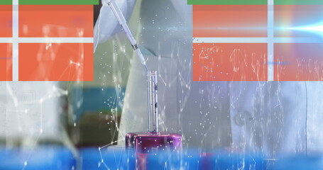 Gloved scientist using micropipette over purple vial stand in lab, with network node overlay