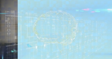 Floating brain hologram glowing over data center binary code grid with server racks, light flares