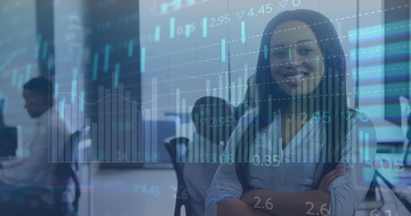 Smiling business casual woman crossing arms in office, with stock market chart overlay, copy space