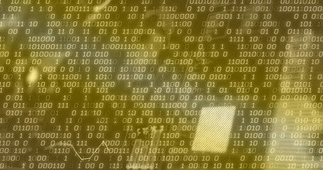 Displaying binary code pattern covering blurred office desk, with monitor and potted plant