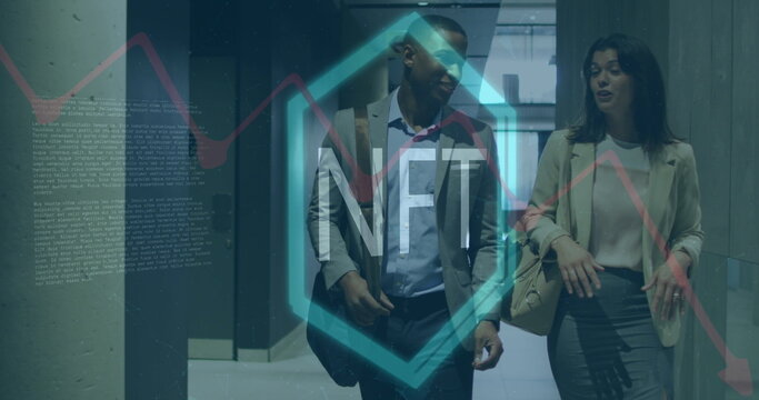 Walking team in suits, blazers discussing NFT hexagon chart in office hall with messenger, tote bag