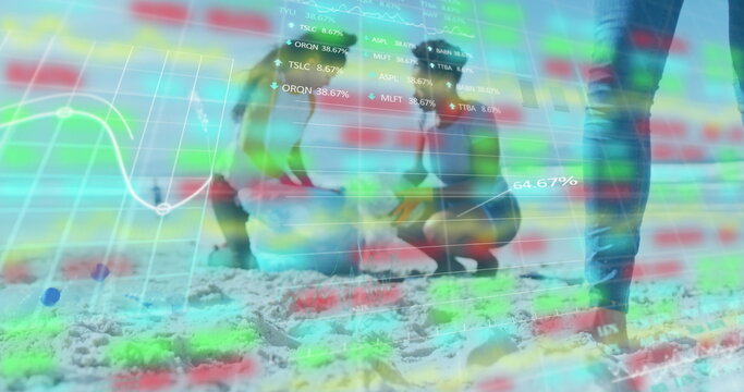 Digging child wearing swimsuit and adult watching in jeans on beach, with shovel, data overlay