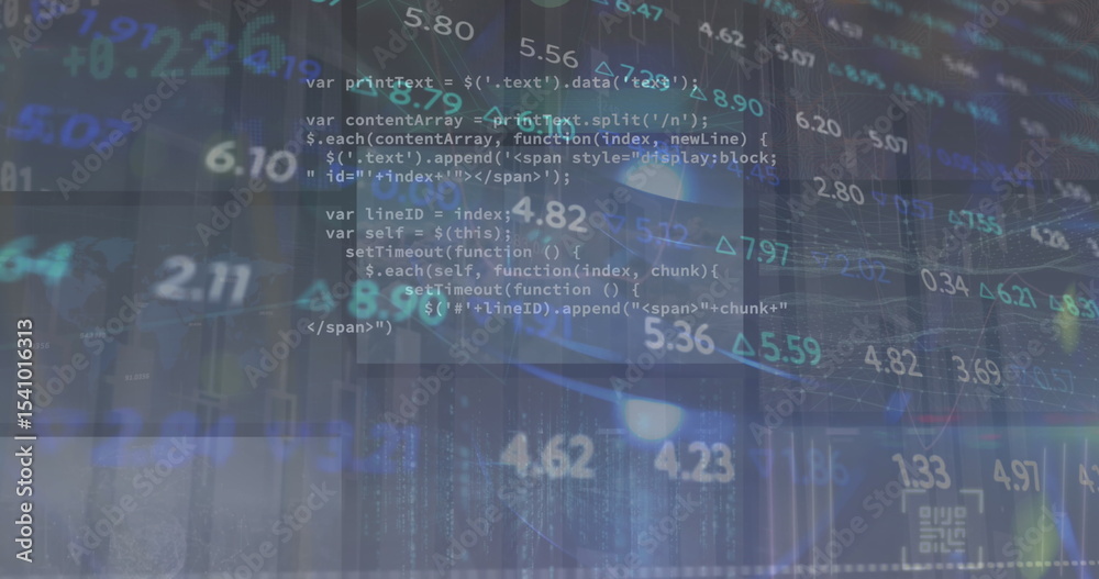 Poster overlaying javascript code over nighttime skyline, with stock values and upward arrows