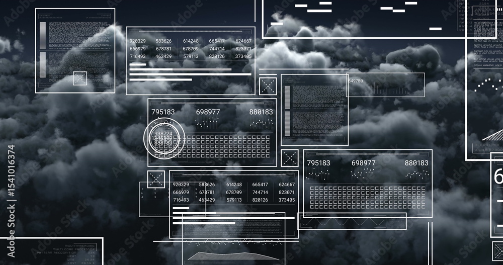 Poster projecting panels over dark clouds: wireframe ui, code blocks, keyboard icon and circular overlays