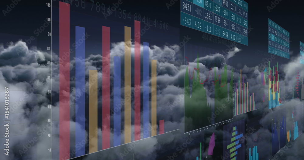 Poster floating panels hovering above clouds in simulation showing vivid bar and line charts ticker tables