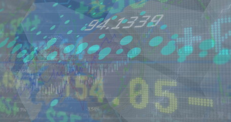 Showing financial data dashboard visualization at virtual interface, with candlesticks and 54
