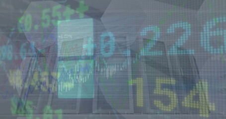 Displaying digital stock ticker overlay covering city skyline with candlestick charts, numeric data