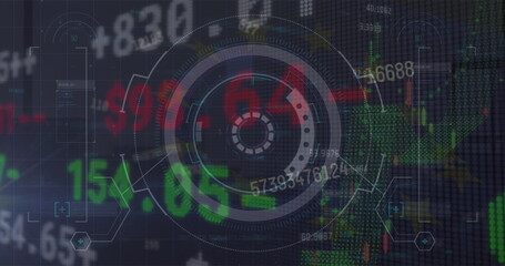 Displaying central HUD display over trading interface, candlestick charts and numeric tickers
