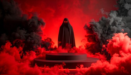 Cloaked figure amidst smoky inferno stage
