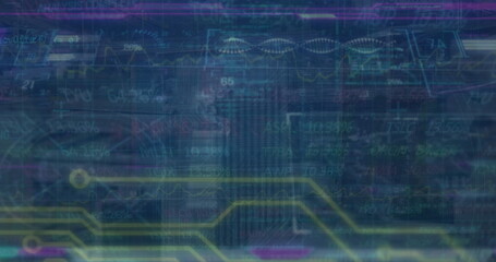 Displaying neon circuit traces with line graphs, stock percentages and grid overlay on interface