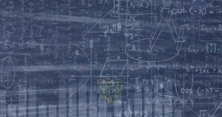 Displaying mathematical annotations covering chalkboard space, with equations and plotted charts
