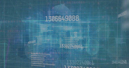 Floating glowing numeric code hovering amid blue digital grid network, with virus detected warning