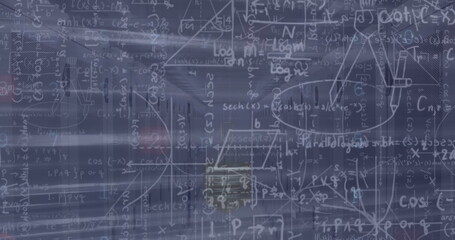 Displaying math formulas and function graphs on abstract chalkboard interface, with grid overlays