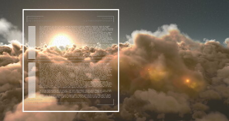 Floating translucent interface window displaying code and bar graphs above dawn clouds, starry sky