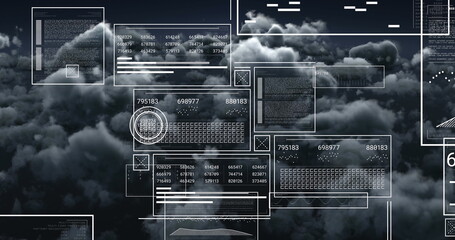 Projecting panels over dark clouds: wireframe UI, code blocks, keyboard icon and circular overlays