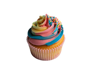 Colorful Frosted Cupcake with Sprinkles Vector - Whimsical Dessert Illustration Isolated on White for Bakery Logos, Party Invites & Food Blog Graphics