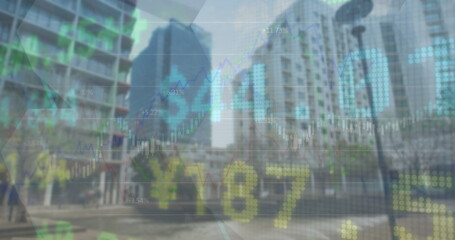 Displaying translucent market overlay showing candlestick charts on urban street, with pedestrian