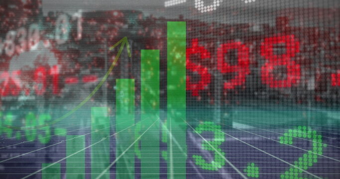 Displaying green bar chart rising with arrow over trading screen, indicating market momentum - Powered by Adobe