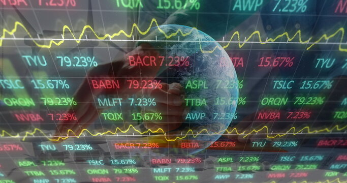 Cupping business hands displaying floating Earth globe on finance display with ticker symbols