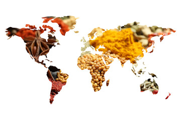 World map made of different aromatic spices on white background