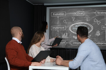Business trainer giving lecture using video projector in conference room. Scheme with illustrations...