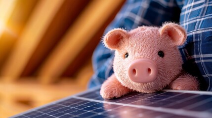 A plush toy pig rests atop a solar panel symbolizing renewable energy and environmental awareness.