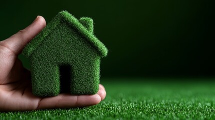 A miniature home covered in verdant turf is held in a hand representing eco concept.
