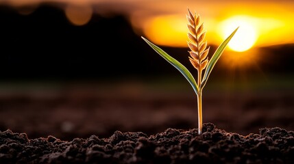 A single wheat plant emerges from the soil illuminated by the golden light of dawn symbolizing new life.