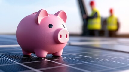 A pink piggy bank sits atop a solar panel representing financial saving with renewable energy.