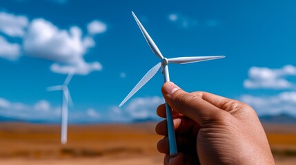 A miniature wind turbine held against a bright sky symbolizes renewable energy and a cleaner environment.
