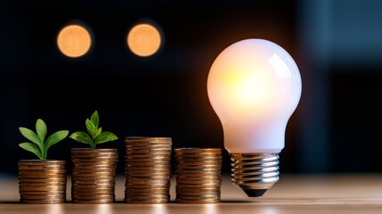 A light bulb shines near a coin stack with a small plant representing idea and investment.