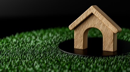 A miniature wooden abode rests on a patch of artificial turf creating a concept of residence.