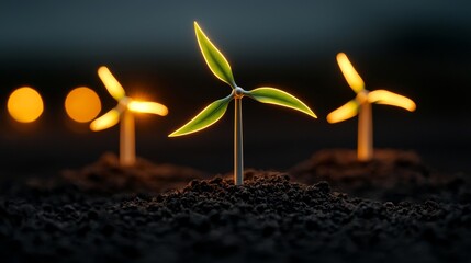 A symbolic illustration showcases a miniature wind turbine emerging from the earth embodying a concept of sustainable energy.