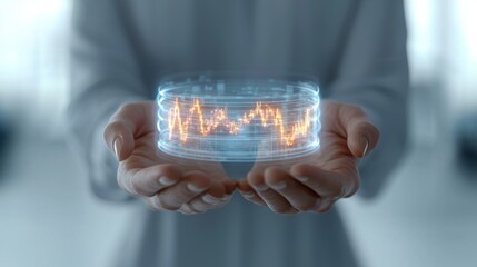 A person holds a glowing chart representing data analysis and financial information.