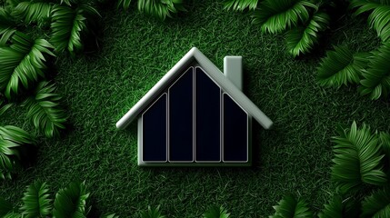 A symbolic dwelling rests on verdant turf encircled by abundant foliage representing nature and shelter.
