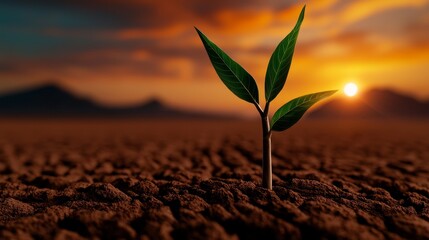 A tiny plant is growing from arid ground illuminated by the setting sun symbolizing hope and resilience.