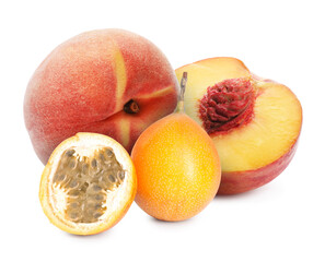 Tasty ripe passion and peach fruits on white background