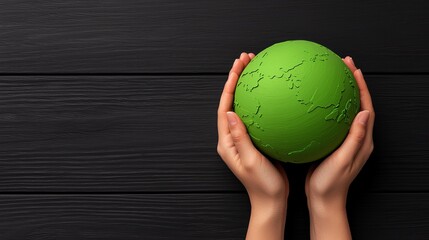 Hands hold a green earth model illustrating a concept of environmental awareness and conservation.