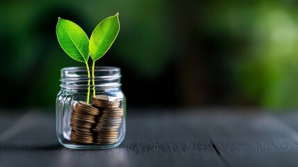 Plant sprout from coin in glass jar concept for investment and finance growth.
