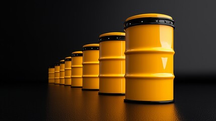 Row of yellow container on a dark surface create a strong visual impact ideal for industrial or energy related theme.