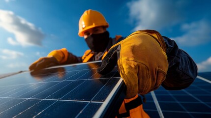Worker installing photovoltaic panel for clean energy under a blue sky.