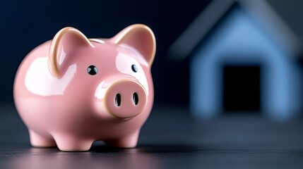 Saving for a home concept featuring a piggy bank with a blurred house in the background.