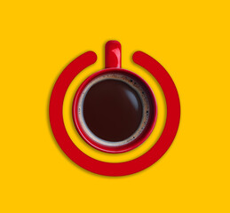 Cup of coffee and circle combined into power symbol on yellow background, top view