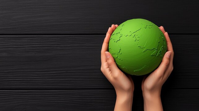 Hands hold a green earth model illustrating a concept of environmental awareness and conservation.