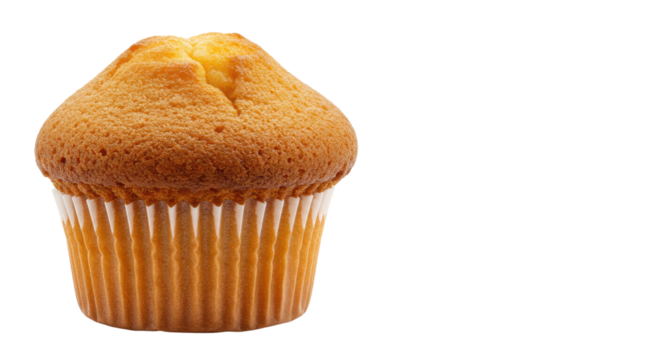 Single golden muffin in paper liner closeup view