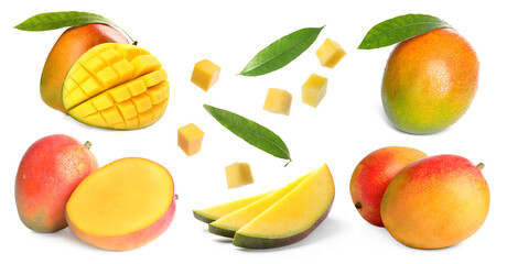 Tasty fresh mango fruits and green leaves on white background, collage